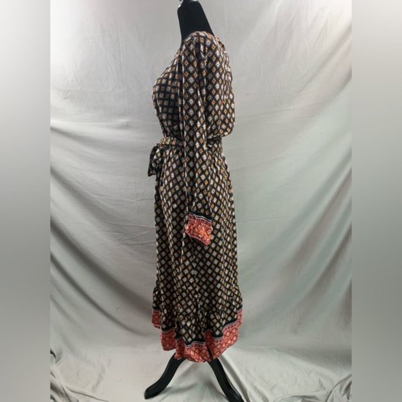 Diamond-Floral Print Lantern Sleeve Overlap Collar Belted Dress - Picture 8 of 9